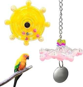 Parakeet Toys, 2 Pack Bird Toys for Parakeets - Interactive Colorful Spinner Wheel Rattle with Bell for Cockatiels, Budgies, Conures, Small Parrot Cage Chewing Exercise Enrichment Toys Yellow & Pink