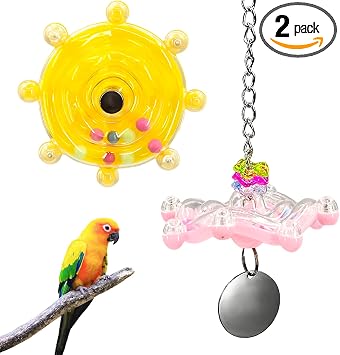 Parakeet Toys, 2 Pack Bird Toys for Parakeets - Interactive Colorful Spinner Wheel Rattle with Bell for Cockatiels, Budgies, Conures, Small Parrot Cage Chewing Exercise Enrichment Toys Yellow & Pink