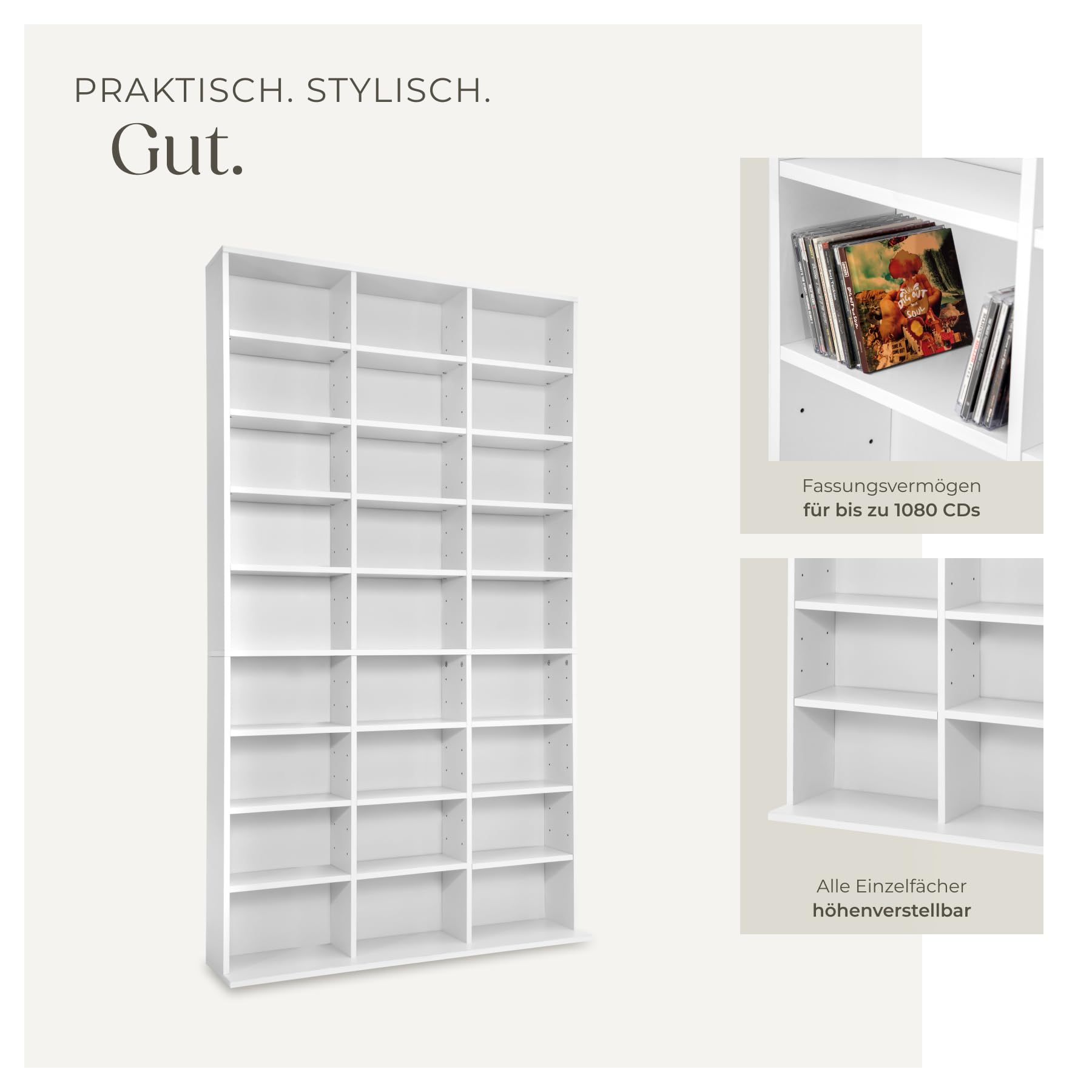 tectake Regal Aufbewahrung, offene Schrank Wand stehend für CDs, DVDs, als Bücherregal, Raumtrenner, Ständer oder Vitrine für Sammlungen und Hobby - weiß