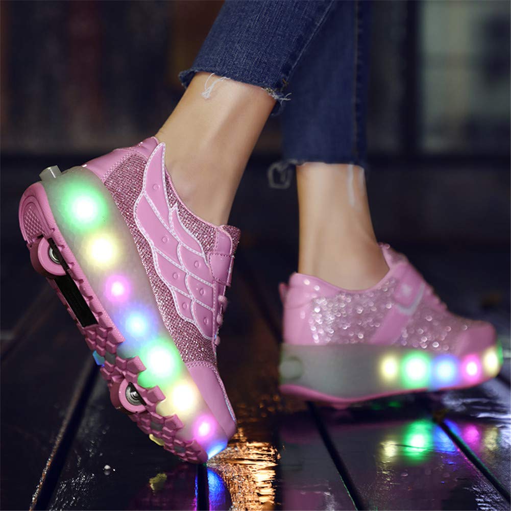 Scarpe LED,Scarpe da Skateboard a LED Light-UP,per Ragazze Unisex per Bambini,Ruote Doppie Singole,Luce 7 Colore Ricaricabili USB,Scarpe da Cross Sportive All'aperto