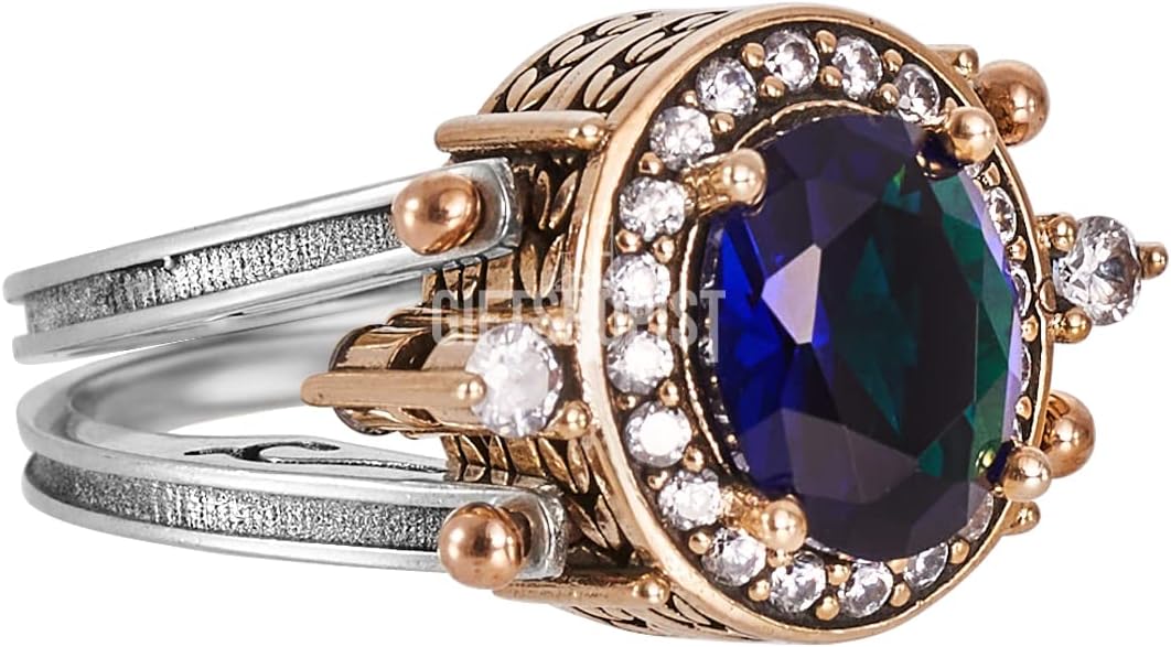 Elegant Reversible 925 Sterling Silver Ring for Women Jewelry - Handcrafted in Turkey, Featuring Oval-Cut Shiny Sapphire Topaz 925 Sterling Silver Ladie's Ring All Size
