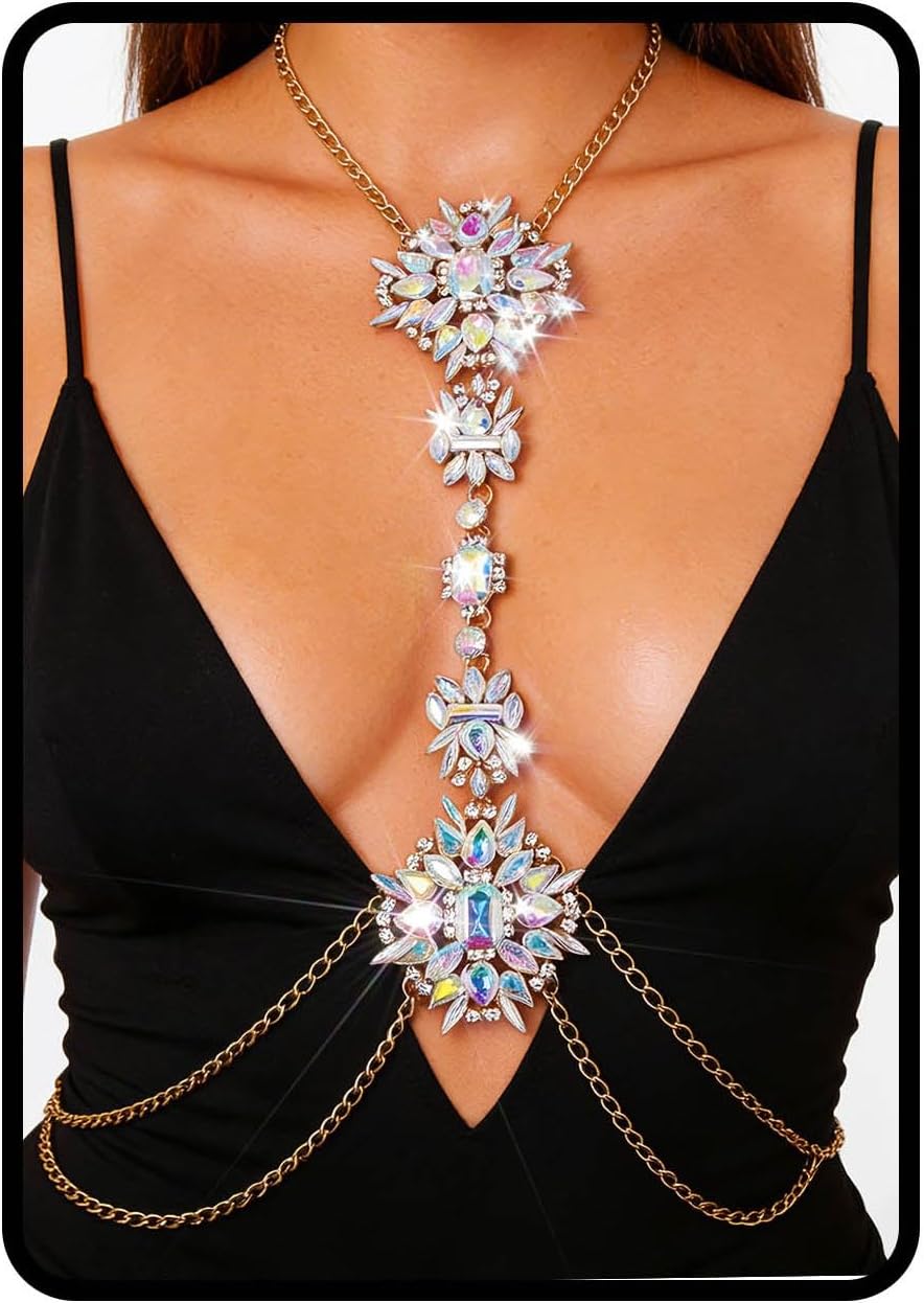 Boho Rhinestone Statement Chest Chain Crystal Necklace Body Chain Summer Beach Body Jewelry Accessories for Women