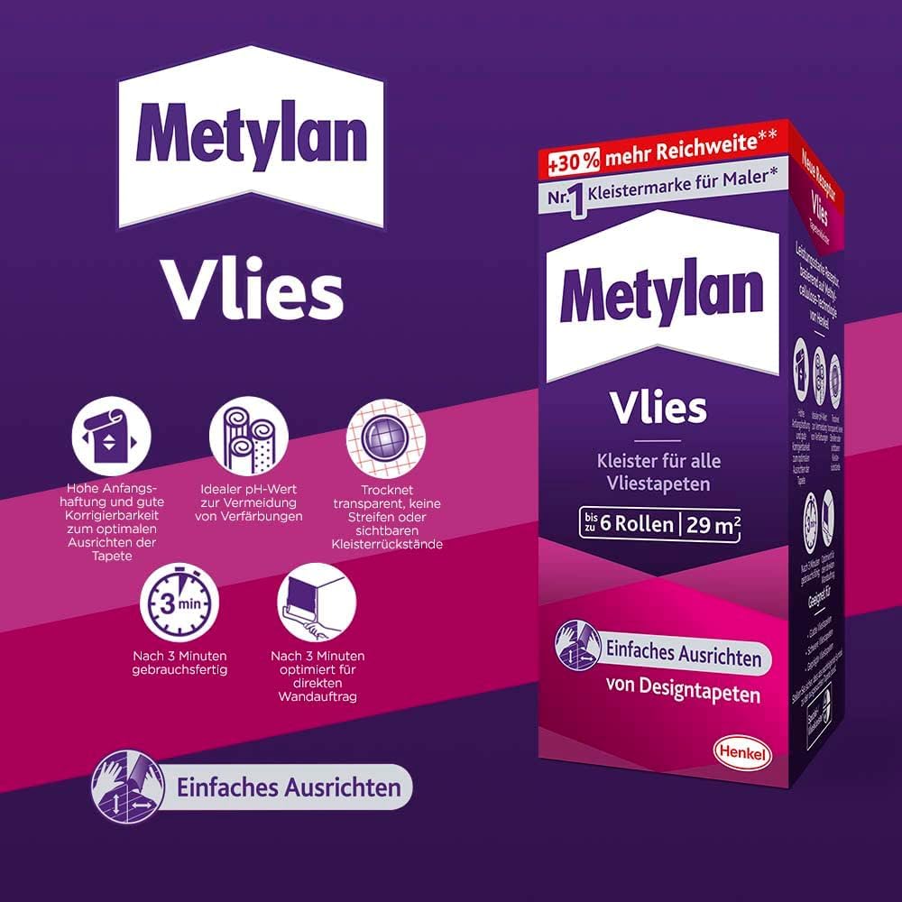 Metylan Vlies, Tapetenkleister für Vliestapeten mit glatter oder strukturierter Rückseite, einfach zu verwendender Tapetenkleister, Kleister mit hoher Ergiebigkeit, 3x360g