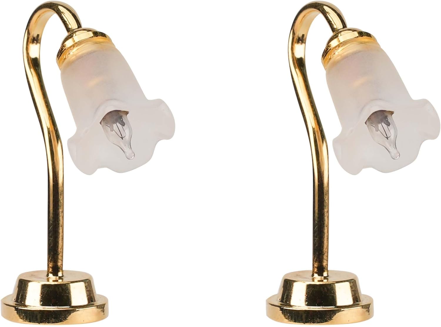 Waldosia 1:12 Scale Miniature LED Tulip Table Lamp (2-Pack) – 12V Bent Arm Dollhouse Lighting Set for Mini Rooms, Dioramas & Booknooks (Gold)