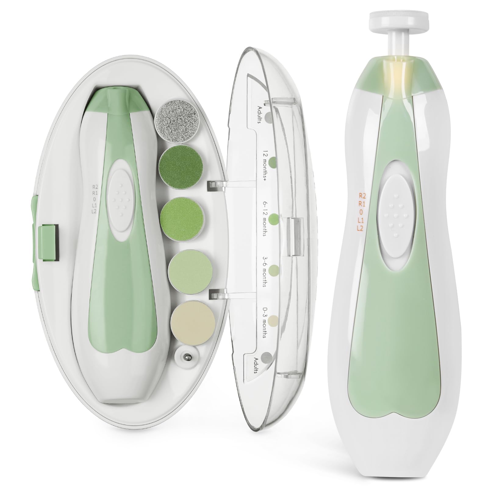 haakaa Baby Nail Trimmer Electric Safe Baby Nail Clippers Baby Nail File Kit Manicure Set, Trim Polish Grooming kit for Newborn Toddler, 6 Grinding Heads and LED Light, Meadow