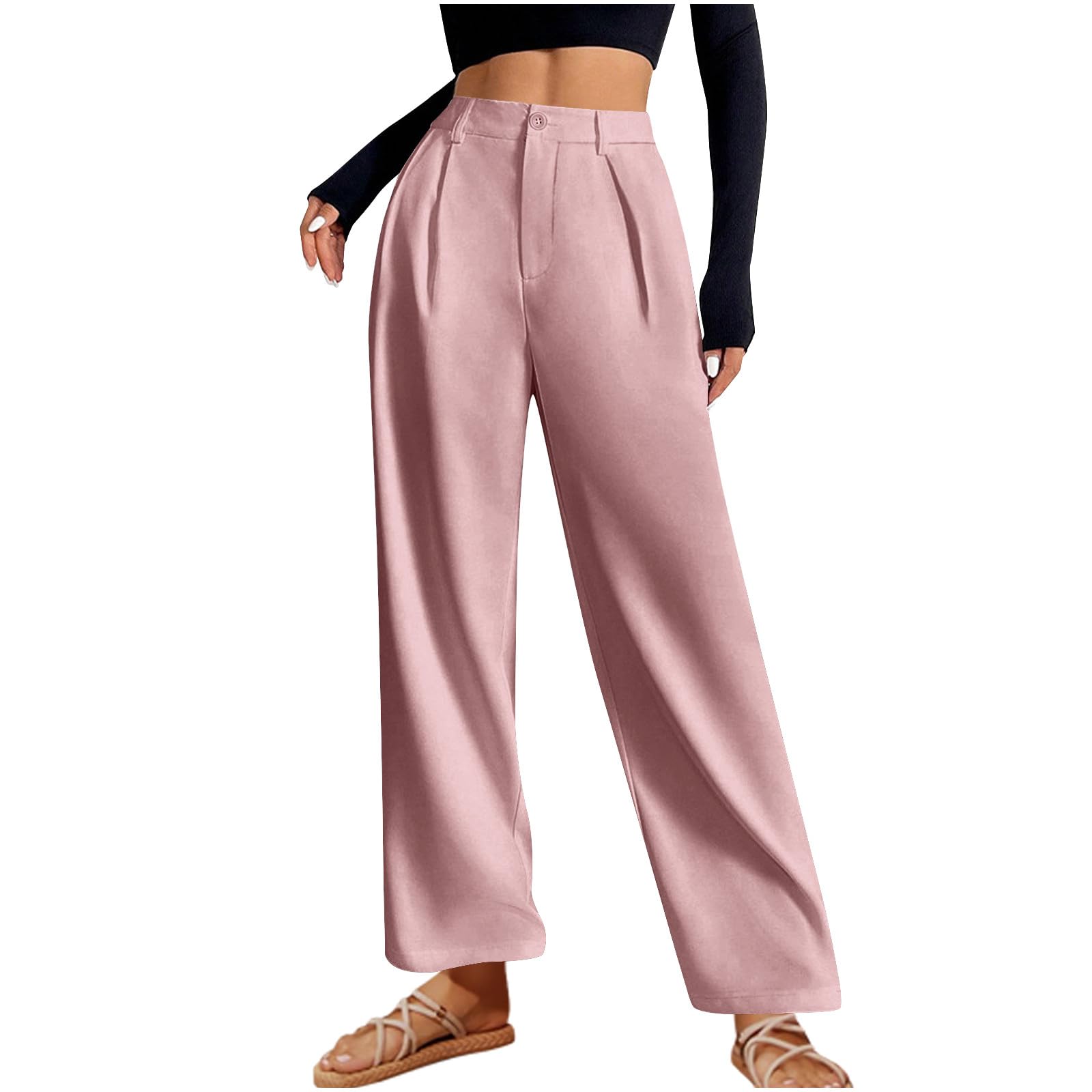 Womens Summer Suit Pants High Waist Straight Office Work Pant Vacation Comfy Baggy Casual Trousers Business Outfits(Pink,Medium)