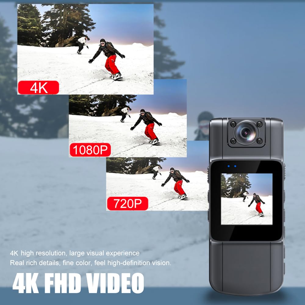 Andoer Mini Cámara Corpora, 4K Policía Body CAM con Lente Gran Angular de 150° Giratoria de 180°, Visión Nocturna Detección de Movimiento Control de aplicación para Registro Diario/Servicio/Entrega