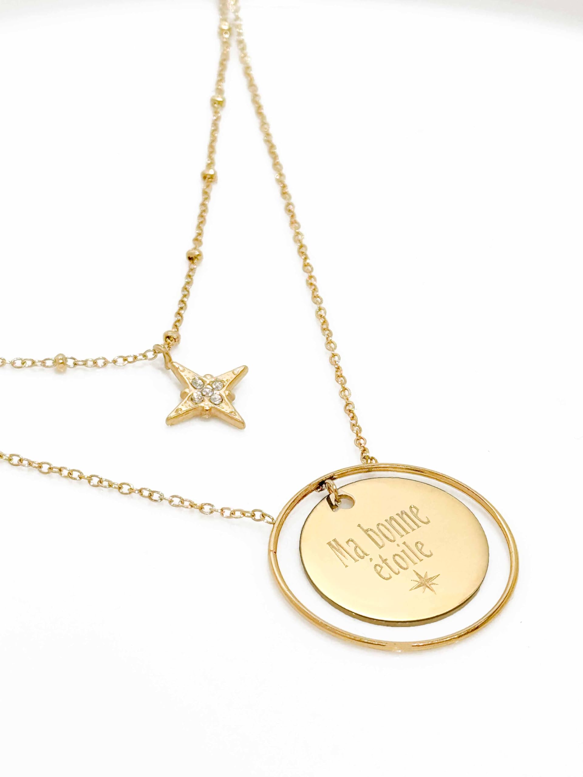 Paloma - Collar de 2 filas con estrella de cristal y medalla redonda personalizable de acero quirúrgico de alta calidad, grabado realizado en Francia