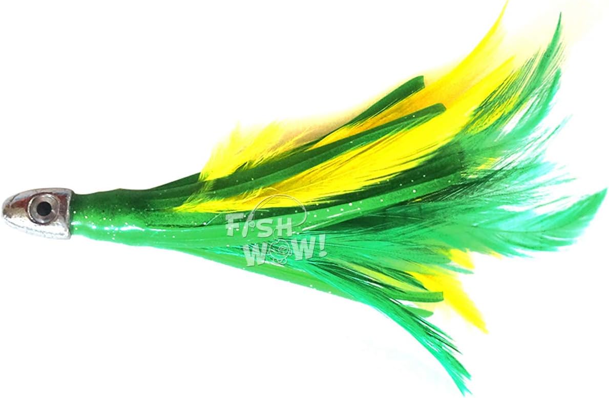 5pcs Fish WOW!® 4" mini Feather 1/2oz Bullet Chrome Head Trolling Tuna Lure Squid Skirts - Green Yellow Chartreuse
