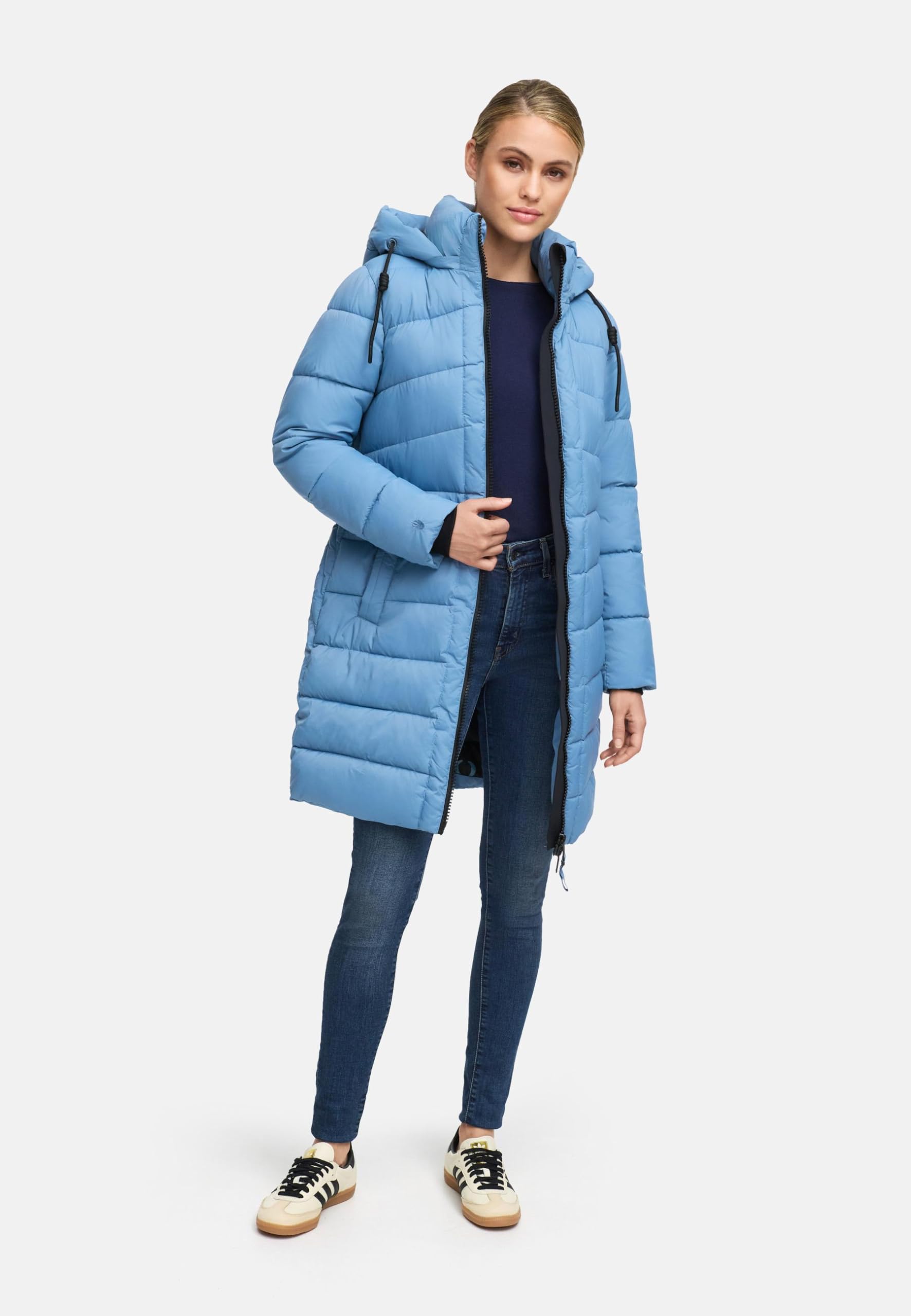 MARIKOO Damen Langer Wintermantel warmer Steppmantel mit abnehmbarer Kapuze Kaltnäschen 16 S-3XL