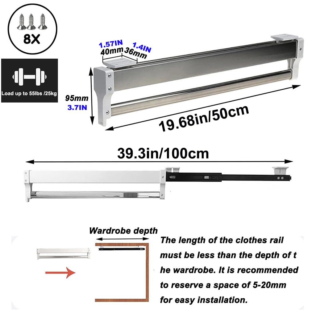 BDXZJ Porte Pantalon Dressing Coulissant, Porte-Vêtements Extractible Pour Armoire, Rail De Suspension Pour Armoire À Vêtements Penderie Telescopique 51cm/20.1in