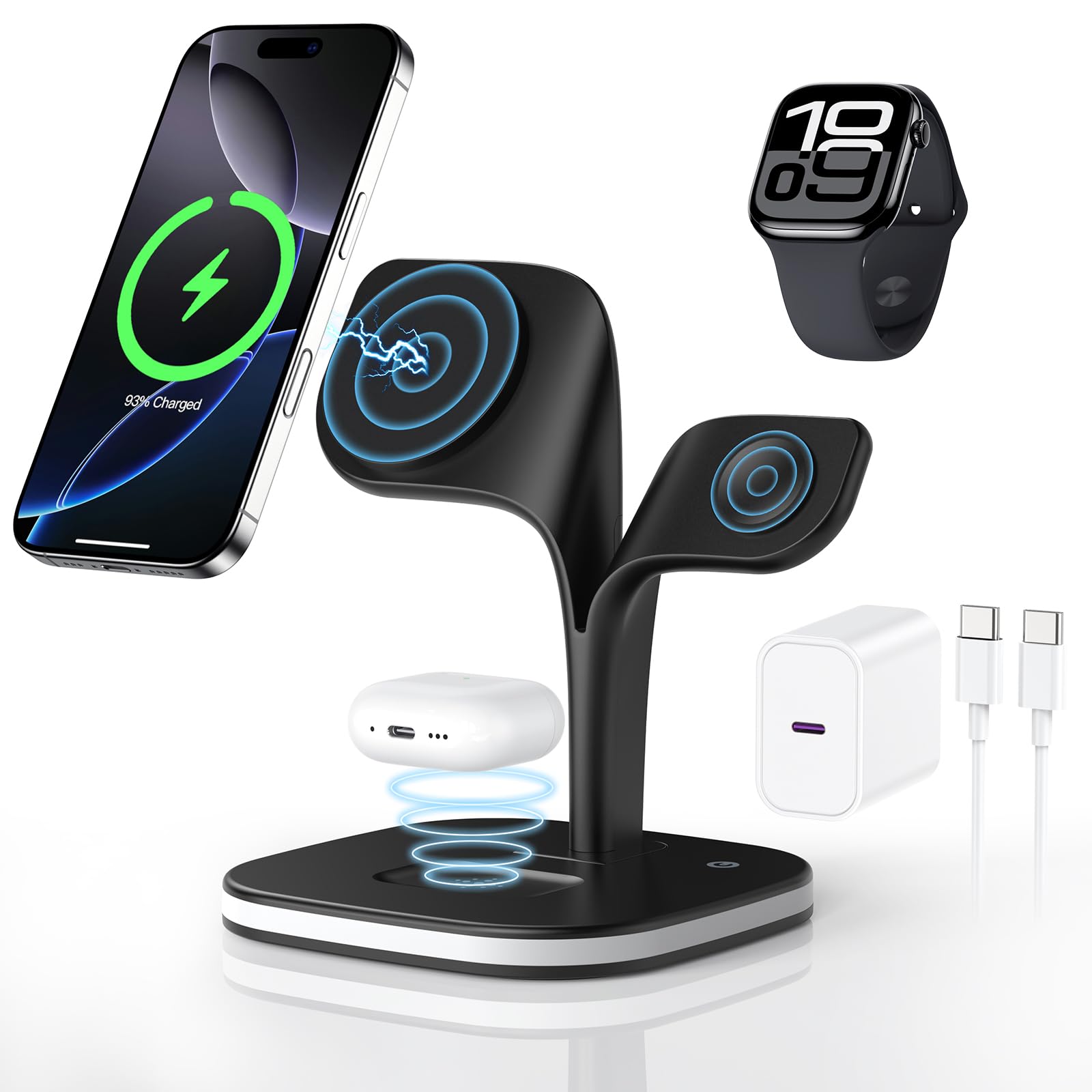 HJCE 3 in 1 Ladestation für Apple Watch iPhone Magsafe Ladegerät für iPhone 17e Air 17 16 15 14 13 12 Series, für Apple Watch 11/10/9/8/7/6/5/4/3/2/SE/Ultra, für AirPods Pro/4/3/2, Kabelloses Laden