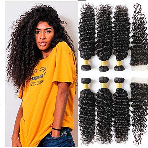 aquetes de cabello de onda profunda Dai Weier con cierre Paquetes de cabello humano de onda profunda peruana Remy con cierre Parte libre 12 14 16 con cierre de 10 pulgadas