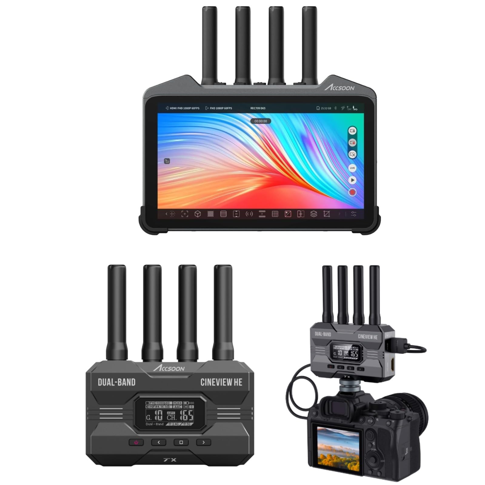 Accsoon CineView M7 Pro Wireless Transmitter Receiver Monitor 7inch 4K60 + CineView HE Wireless Video HDMI Transmitter&Receiver