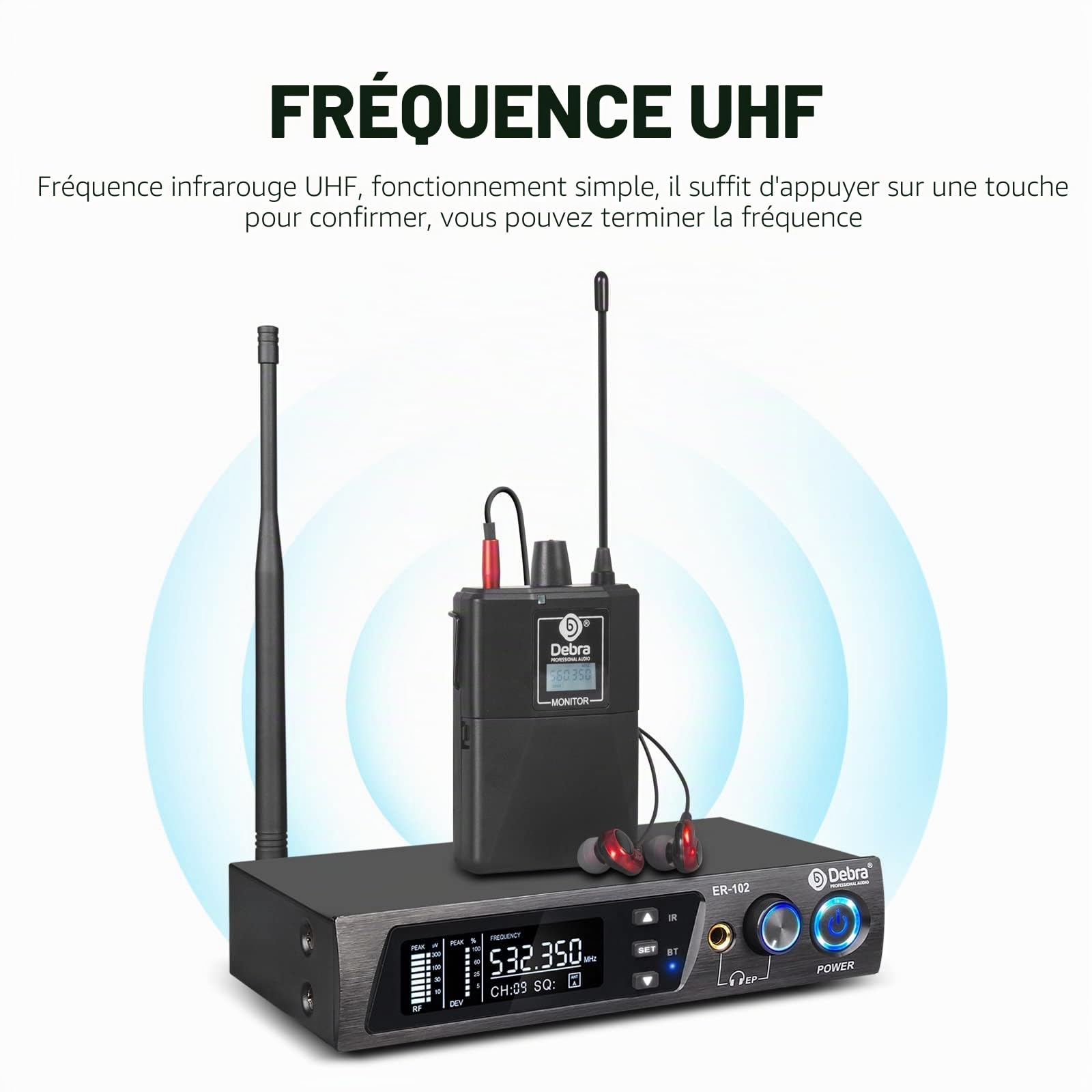 D Debra Audio ER-102 UHF Système de Moniteur Intra-auriculaire sans Fil à Canal Unique avec émetteur et récepteur pour scène, Studio d'enregistrement, Musiciens, Survei (1 Bodypack with Transmitter)