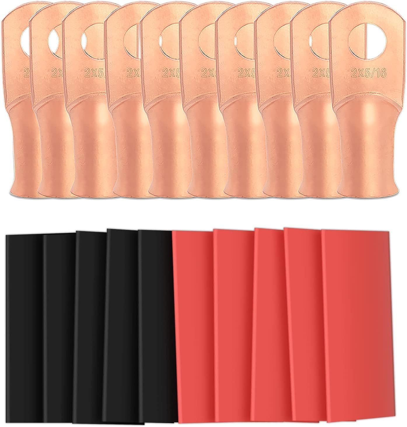 Sanuke 2 AWG - 5/16" Battery Terminal Connectors, Copper Wire Lugs Assortment Battery Cable Ends with 3:1 Heat Shrink Tubing