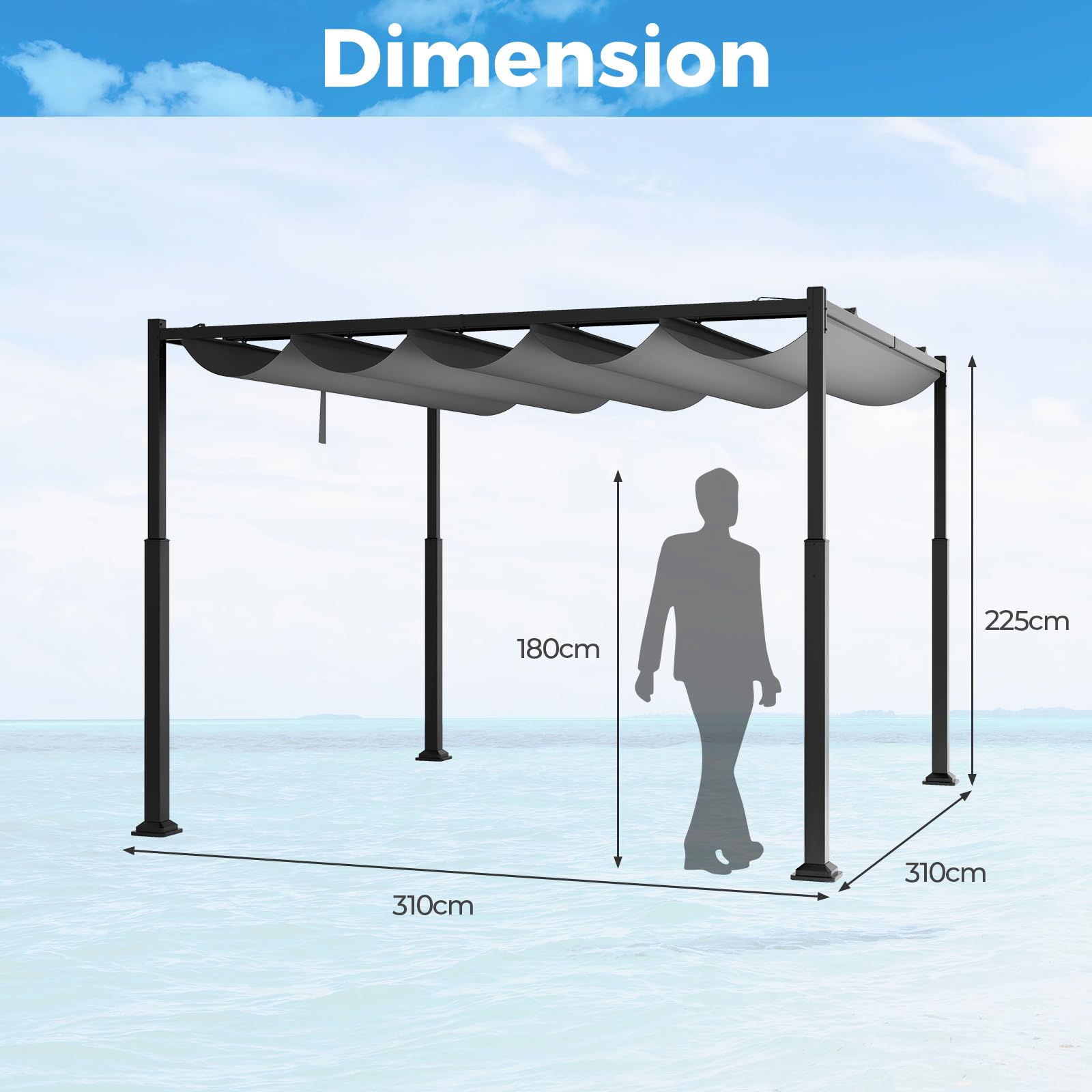 COSTWAY Pergola d'Extérieur Rétractable Coulissante 3x3m, Tonnelle de Jardin Abri Structure Métal Robustes Pavillon Moderne Pare-Soleil, pour Jardin, Patio, Cour, Terrasse (Gris)