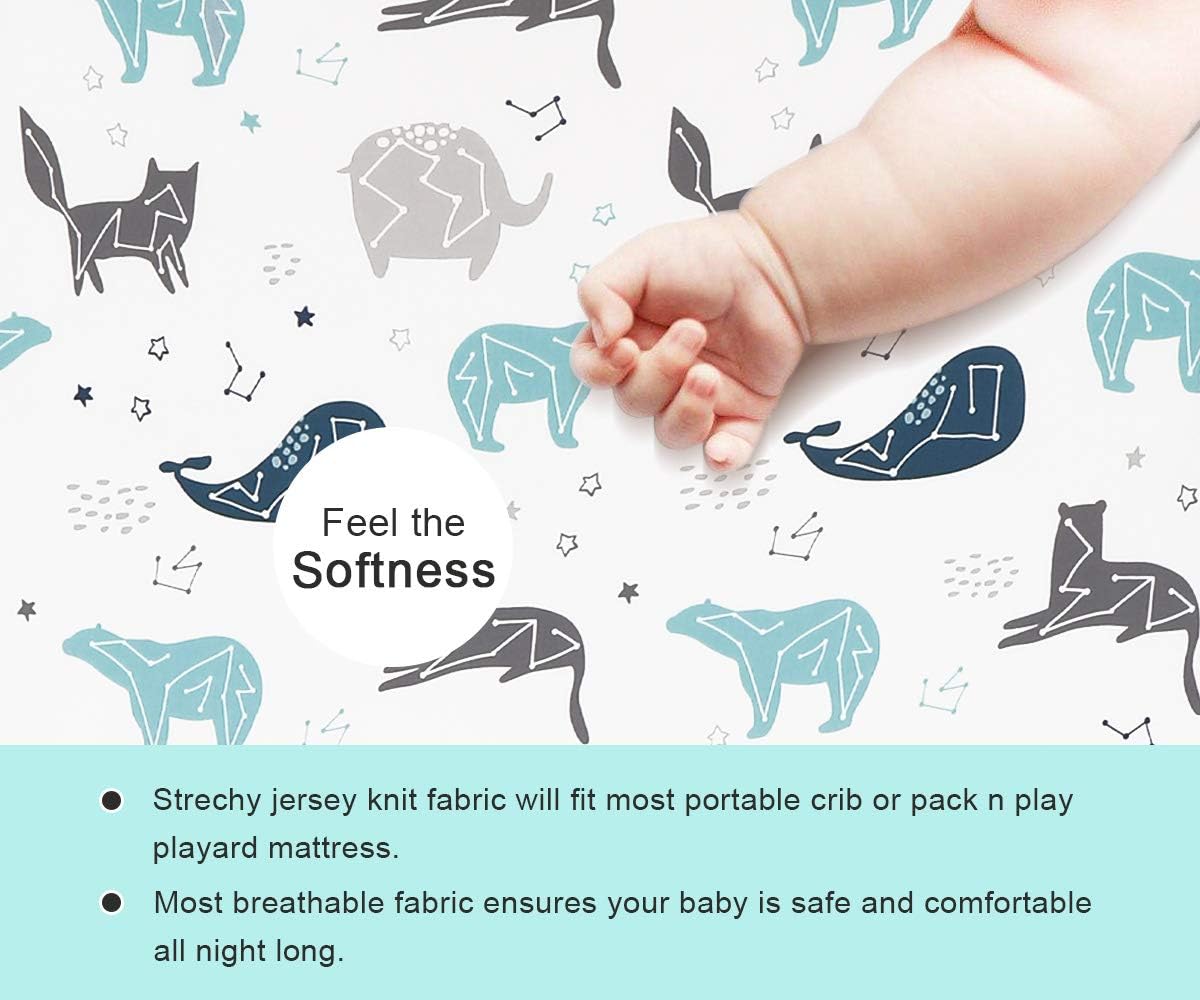 BROLEX Pack n Play Stretchy Fitted Pack n Play Playard Sheet Set 2 Pack Portable Mini Crib Sheets,Convertible Playard Mattress Cover,Ultra Soft Material，Space Planet