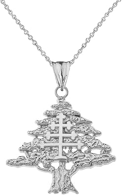 Fine Sterling Silver Lebanese Cedar Tree with Maronite Cross Pendant Necklace
