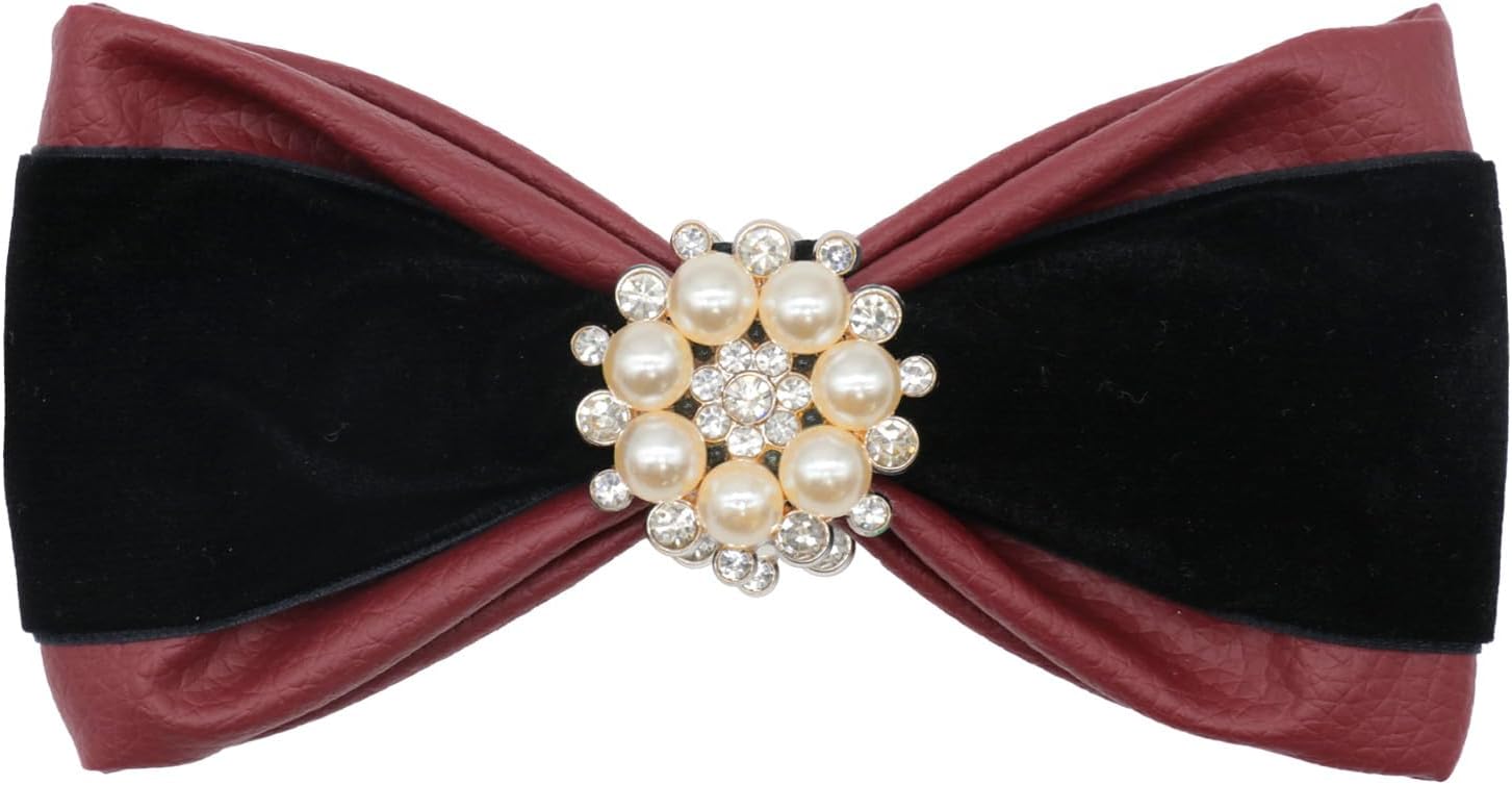 Bow Ties for Men PU Leather with Rhinestone Pearl Decoration Pre Tied Adjustable Bow Tie for Wedding Festival