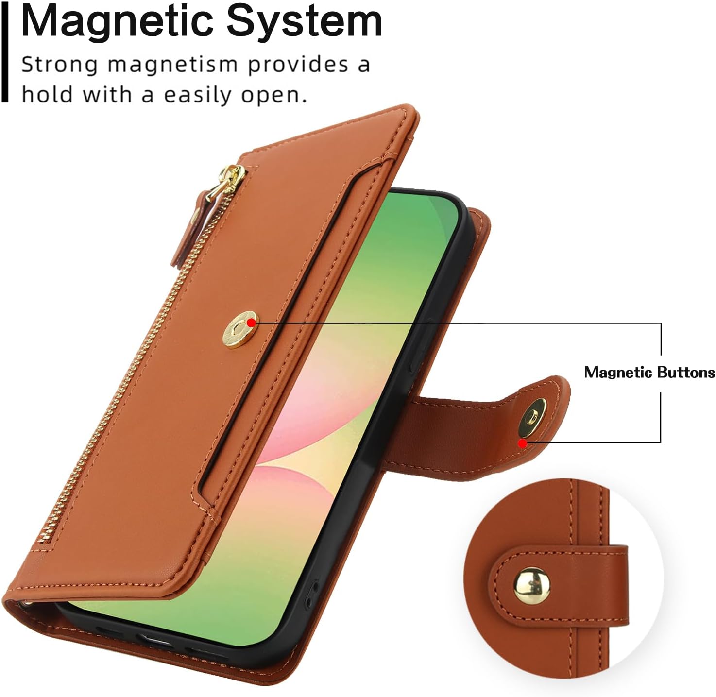 Asuwish Phone Case for Samsung Galaxy A56 5G Zipper Wallet Cell Cover, with Tempered Glass Screen Protector and Crossbody Wrist Strap, Kickstand Flip Credit Card Holder A 56 56A LTE Women Girls Brown