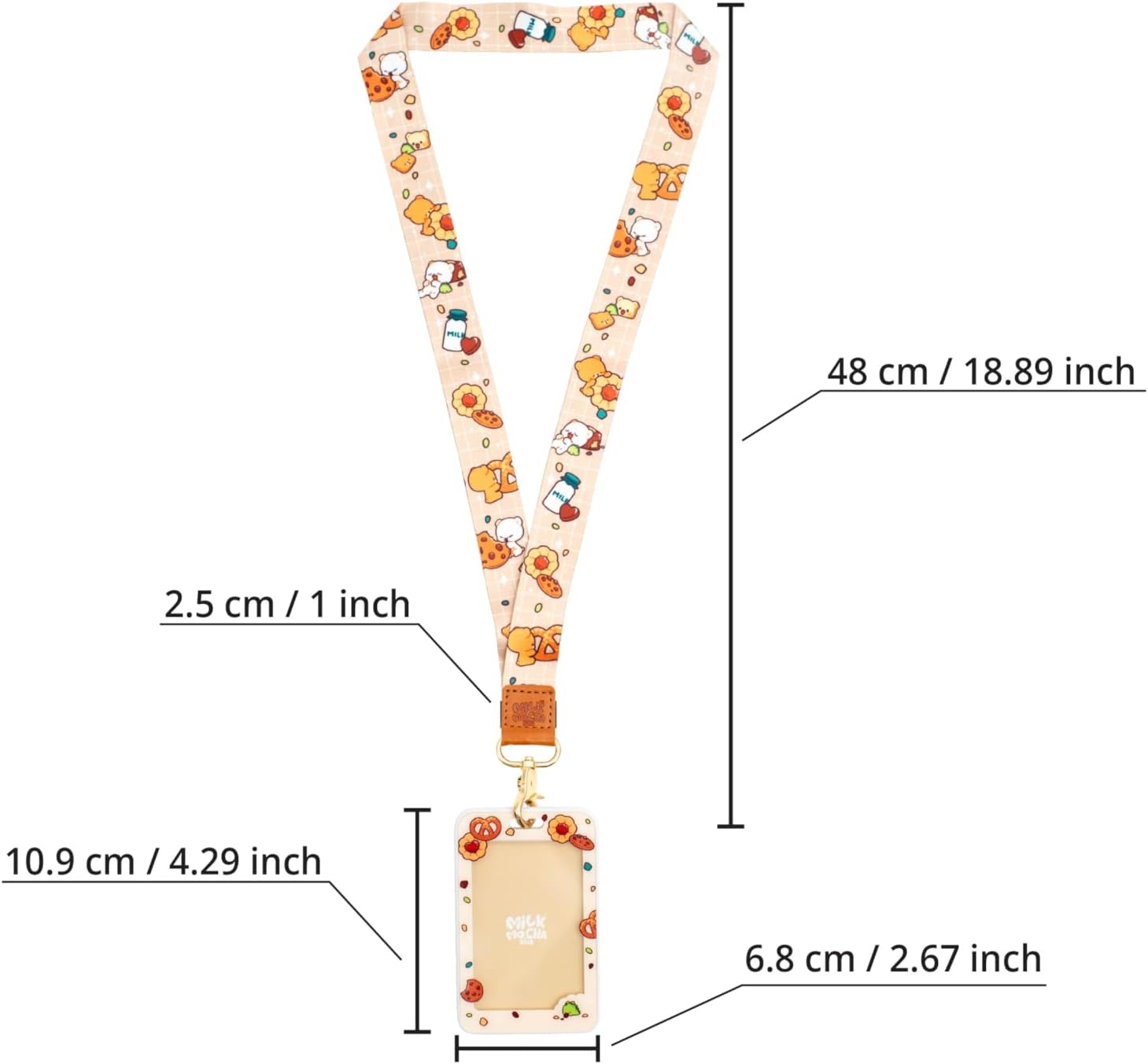 Brown Cookie Badge Holder and Lanyard Authentic Milkmochabear Merchandise Matching with Detachable Gold Clasp PU Leather Accent for Card ID Neck Strap Cute