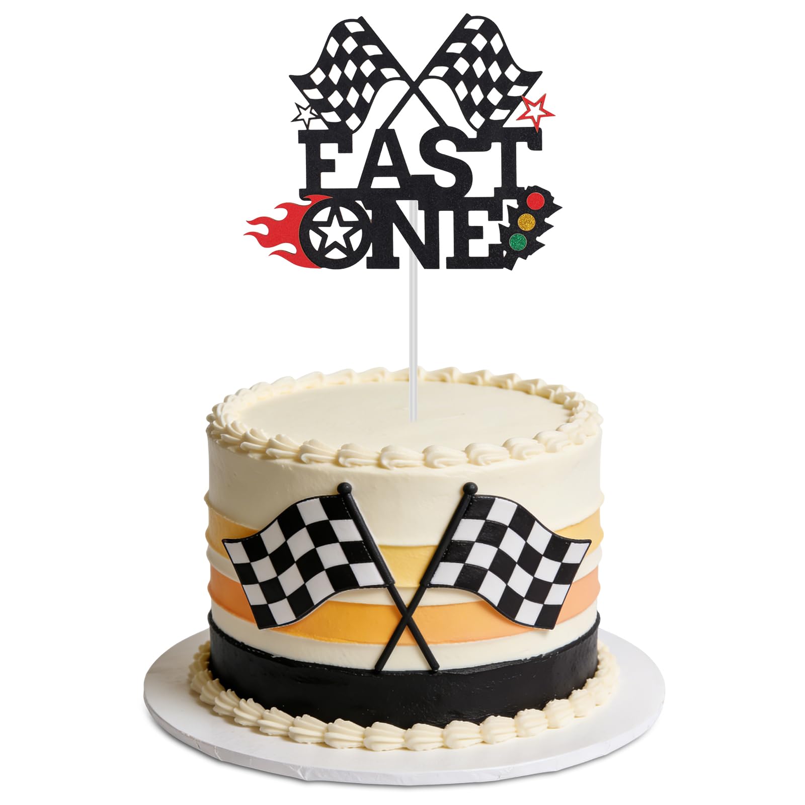 Fast One Cake Topper, Black Glitter Racing-Themed First Birthday Cake Topper Checkered Flags Party Decorations for Boys & Girls Photo Props Supplies