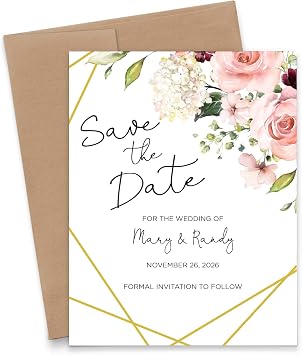Modern Pink Paper Floral Save the Date, Rustic Save the Date Cards for Weddings, Elegant Save the Date For Quinceanera, Birthday Party, Baby Shower, Your choice of Quantity and Envelope Color
