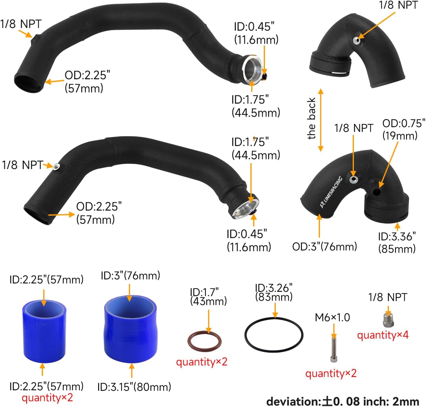 Complete Charge Tube Intake Pipe Kit Twin 2.25" Intercooler Piping Compatible with BMW 2014+ M3 M4 F80 F82 F83 S55 Blue