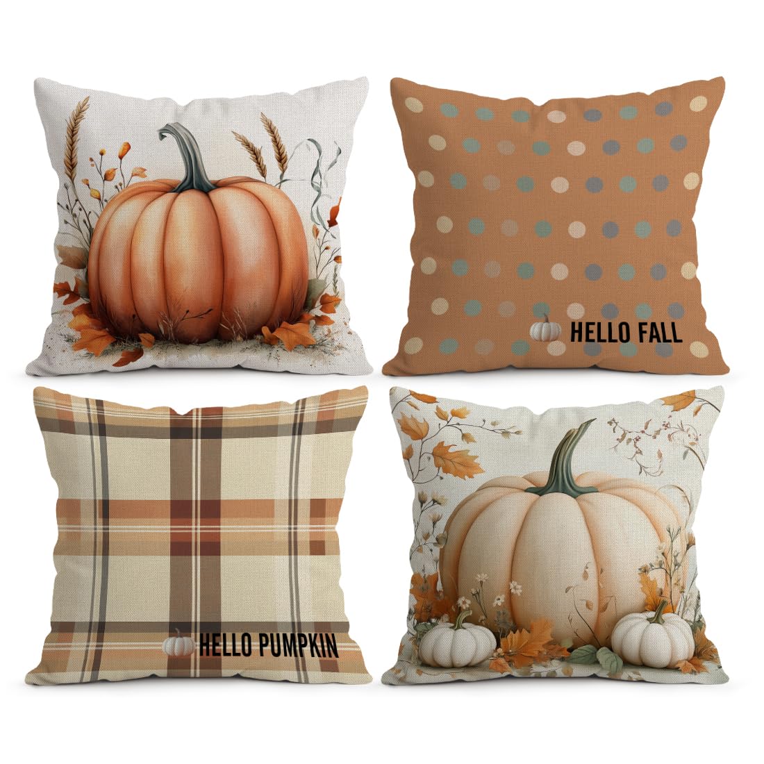 LANBEIDE Autumn Cushion Cover 45x45 Set of 4, Hello Fall Polka Dot Pumpkins 18x18 Inch Fall Pillow Covers Orange Thanksgiving Pillow Case for Indoor Home Bedroom Couch Sofa Decor