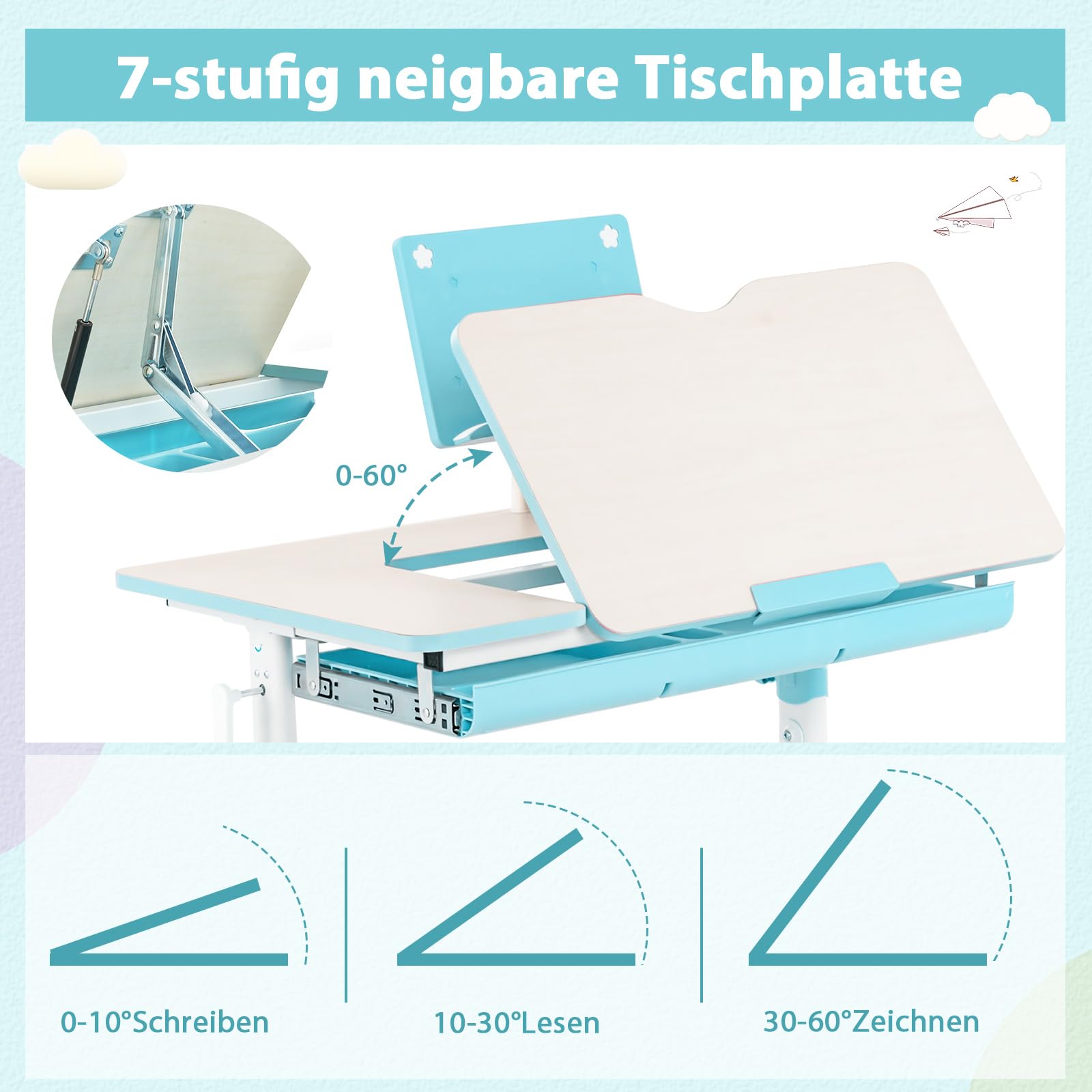 DREAMADE Kinderschreibtisch höhenverstellbar, Schülerschreibtisch neigungsverstellbar, Schreibtisch Kinder, Jugendschreibtisch mit Bücherständer und Schublade (Blau)