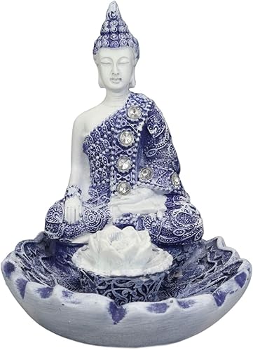 Vista 5 de Ebros Gift Bhumisparsha Mudra Buddha Amitabha Meditating by Padma Lotus Flower Inciense Holder Figurine in Terracotta Blue and White 4.25" High