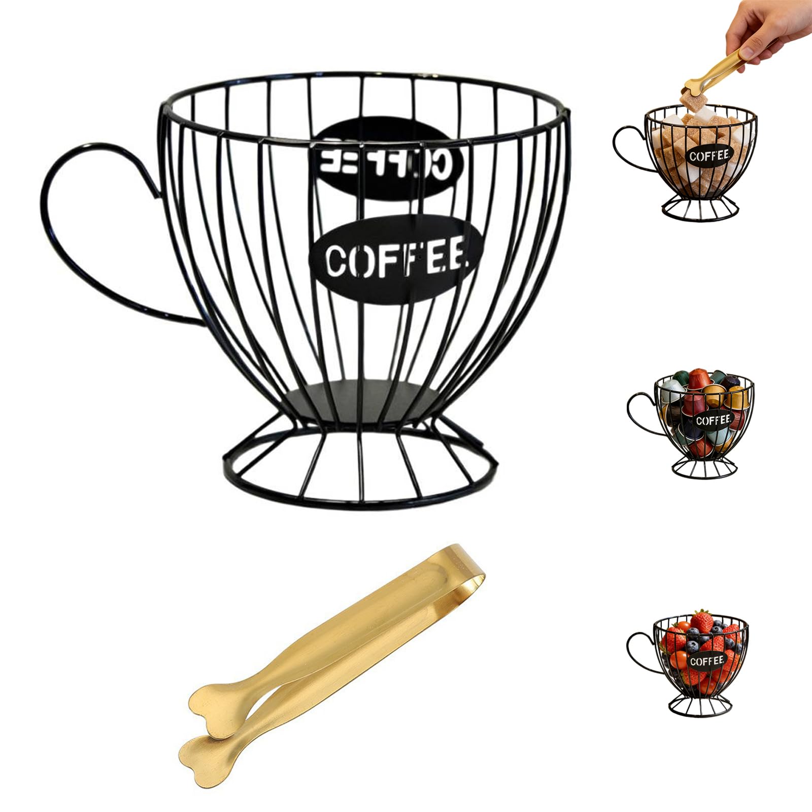 Black Coffee Pod Holder with Ice Tongs, Large Capacity Coffee Pod Storage, Metal Wire Capsule Storage Basket for Home Office Library Reataurant