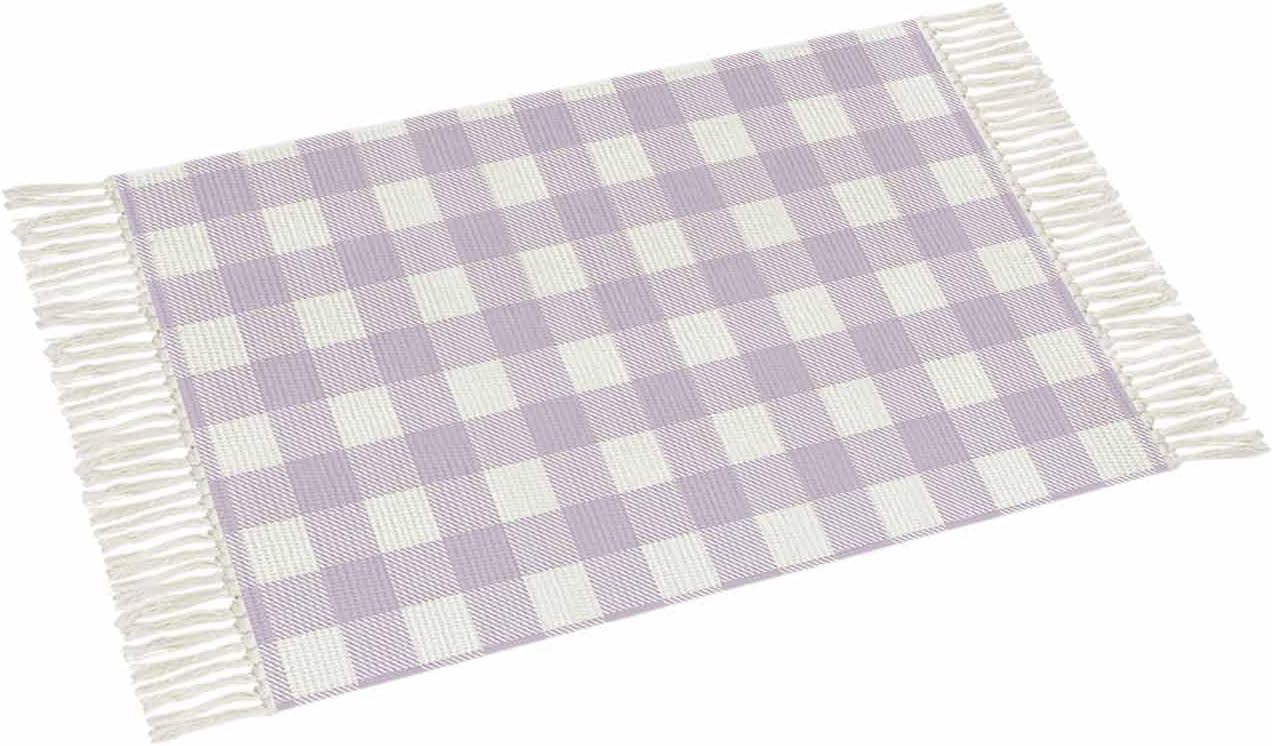 Bathroom Rugs Buffalo Check Plaid Kitchen Floor Mats Front Door Mats 2x3 Feet Purple and White Buffalo Plaid Country Washable Woven Cotton Area Rug Non Slip Throw Carpet Soft Rug with Tassels
