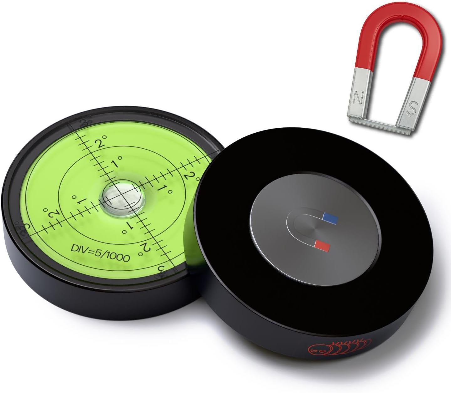 Magnetic Metal Large Spirit Bubble Level 60mm Diameter, (2 23/64 in), Surface Level - Metal Housing, Bulls Eye Bullseye, Green/Black