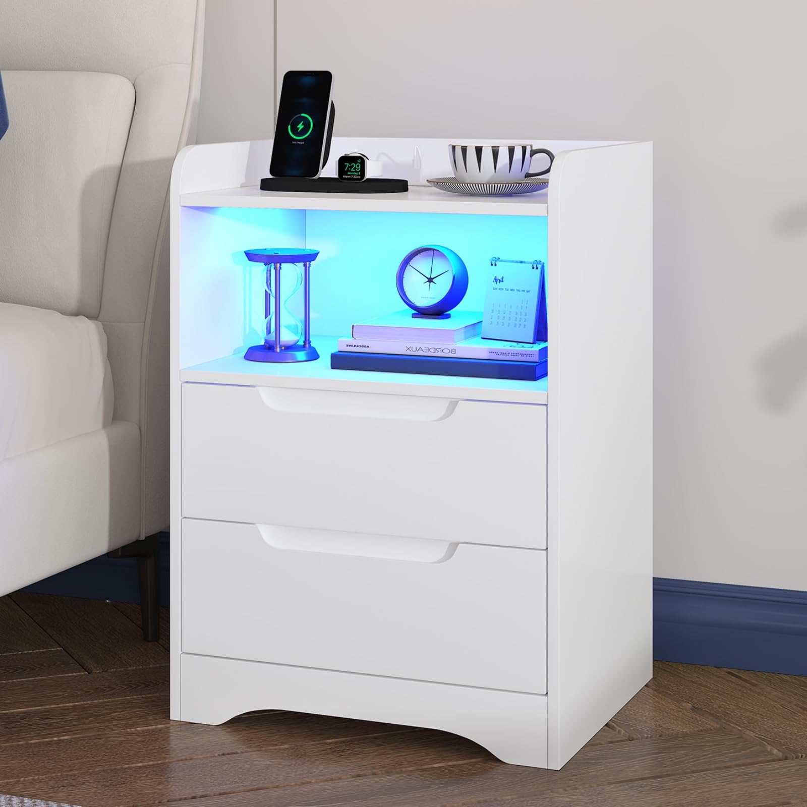 Brinlawb Bedside Table with 2 Drawers, Bedside Cabinet with LED Lights & Charging Station (2 AC Sockets, 1 USB-A, 1 USB-C Port) Tabletop with 3-Sided Guard Rail to Stop Items Falling, Side Table White — image 1
