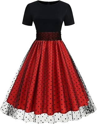 Women Short Sleeve Polka Dot Tulle Prom Dress Ruched Wedding Homecoming Dresses Patchwork Vintage Cocktail Party Swing Dress