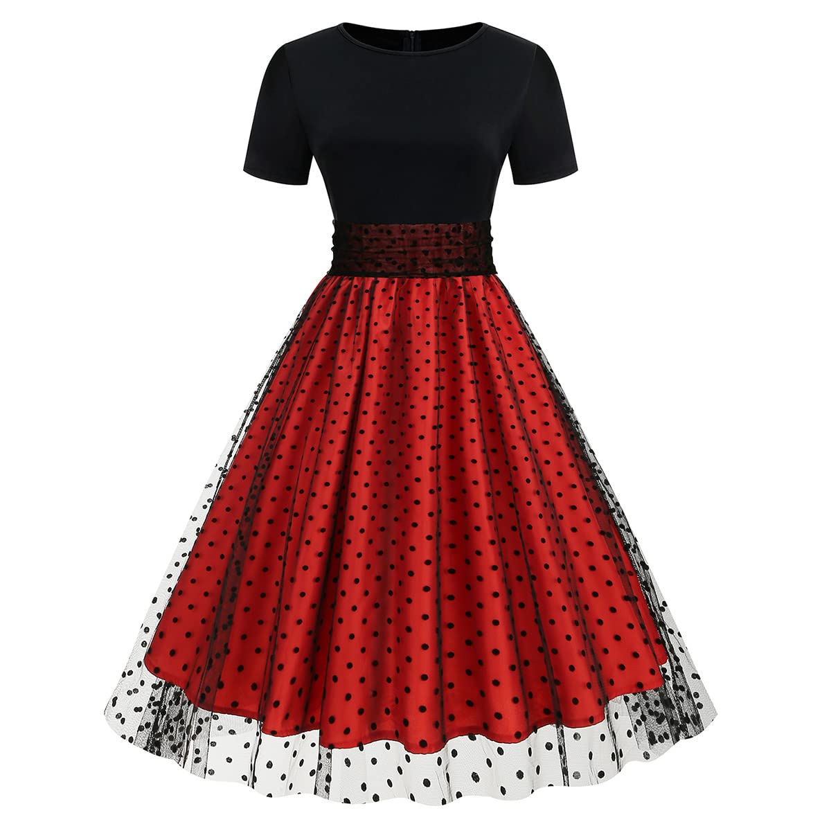 Women Short Sleeve Polka Dot Tulle Prom Dress