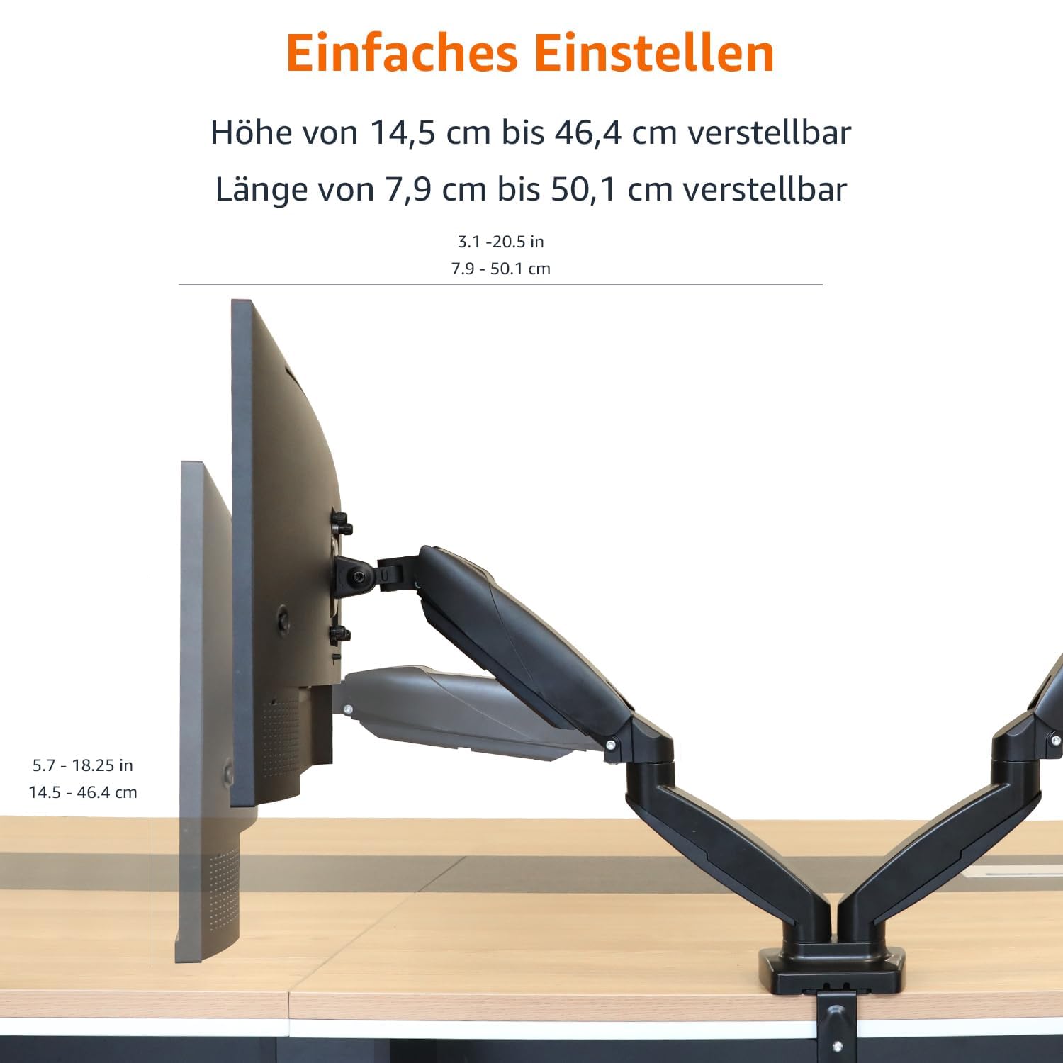 Amazon Basics Dual-Monitorarm mit Gasdruckfeder, Schreibtischmontage, Einstellbare Spannung, für 15–27 Zoll (38,1cm–68,6cm) Monitore, Trägt 2,0kg–7,0 kg pro Arm, VESA 75x75/100x100, Schwarz