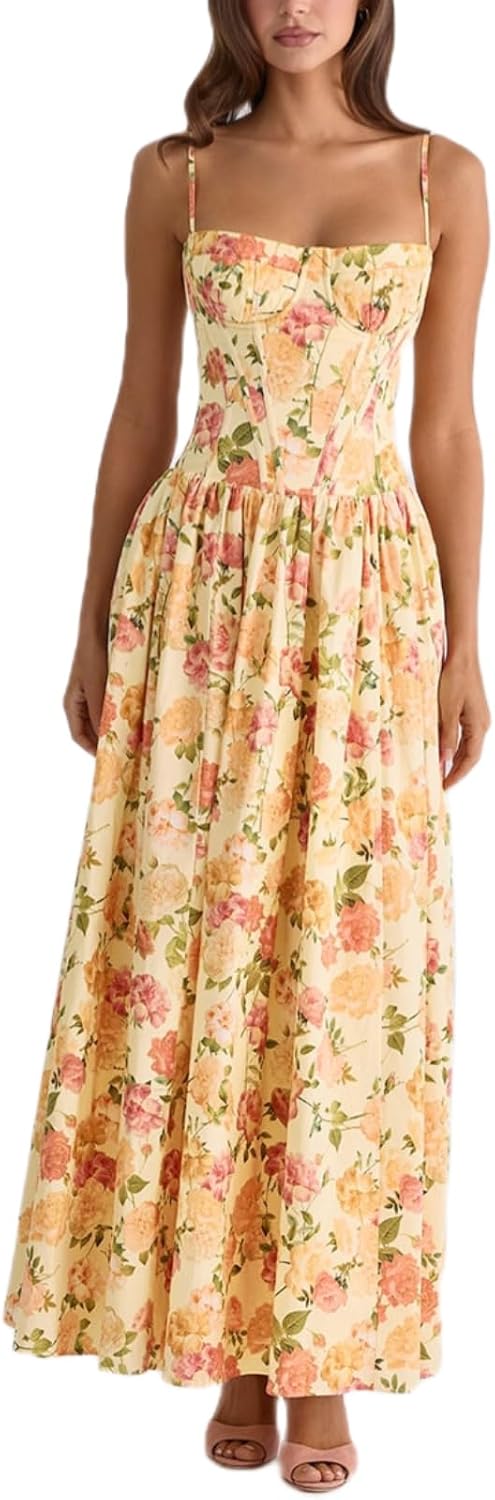 Floral Maxi Dress Sleeveless Spaghetti Strap A-Line Corset Summer Dress Boho Flowy Wedding Guest Long Dresses Sundress