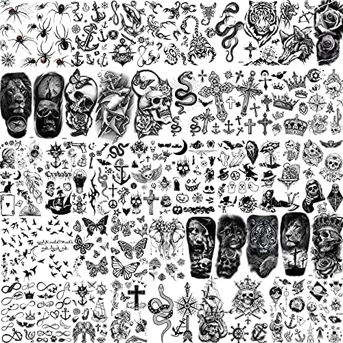 Bilizar 48 Sheets 3D Small Temporary Tattoos For Kids Women Neck Girls Arm Boys, Temp Tiny Halloween Tattoo Stickers Men Spider Cross Scorpion Snake Tiger Lion, Flower Ghost Skull Fake Tatoos Acnhor