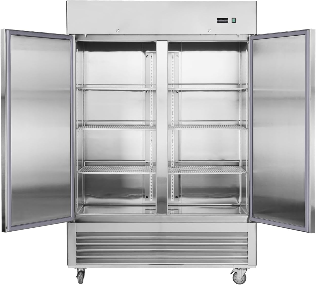 Generic 54"W Commercial Freezer, 2 Section, 2 Solid Door, Stainless Steel, Reach-In, Upright, Fan Cooling, 42.2 Cu.Ft., Reversible Door, Freestanding, Silver
