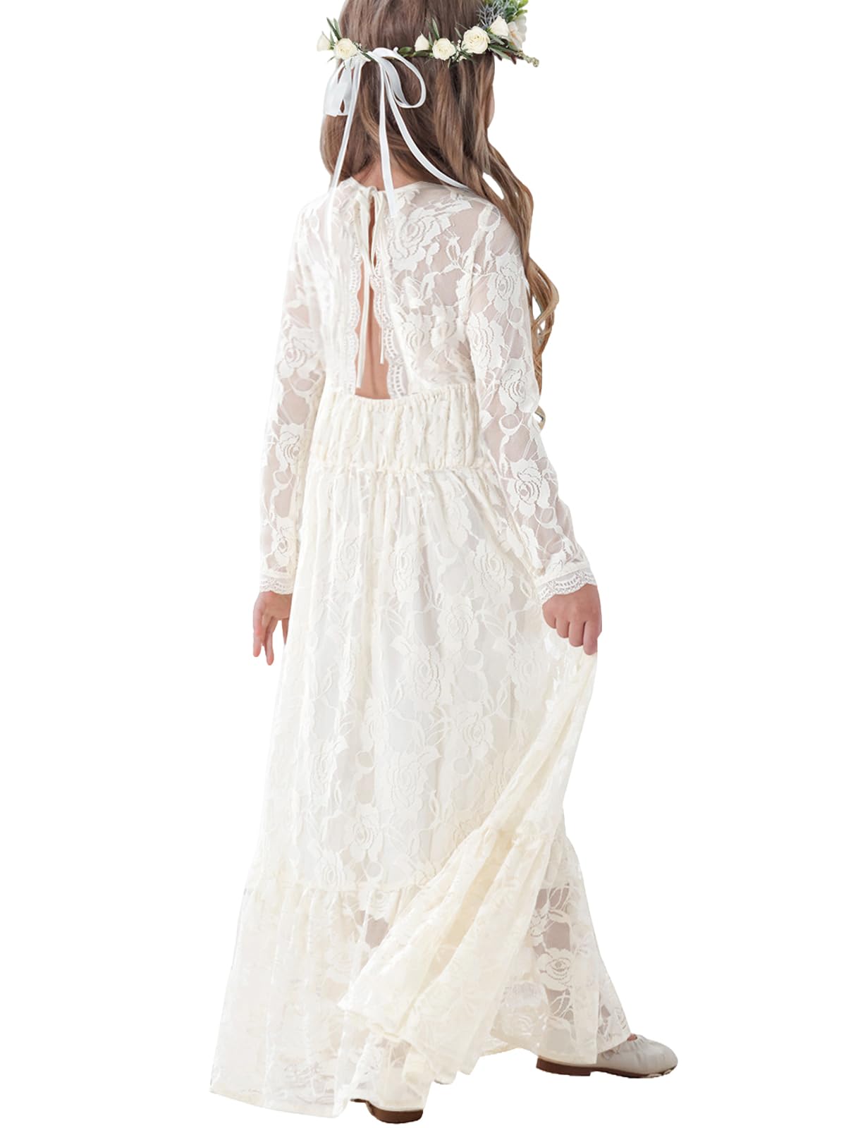 ALLOVIN Kleinkinder & Mädchen Oster Langarm Spitzen Blumenmädchen Kleid für Hochzeit Taufe Erstkommunion Maxi Boho A-Linie 3-12 Jahre