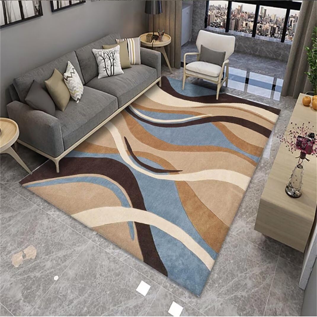Tapis de chambre doux bleu 140x200 anti-glisse avec motif géométrique moderne