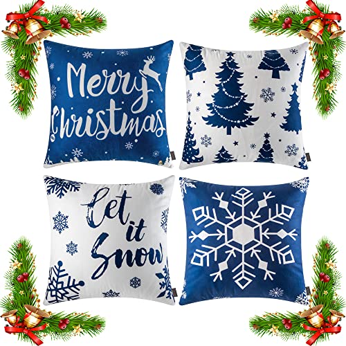 ORANIFUL Fodere Cuscini Natalizie 50x50 Set da 4 Blu Copricuscini Divano Velluto Quadrati Decorativi in Lino per Letto Décor Casa Auto (Natale 01, 4 Pezzi)