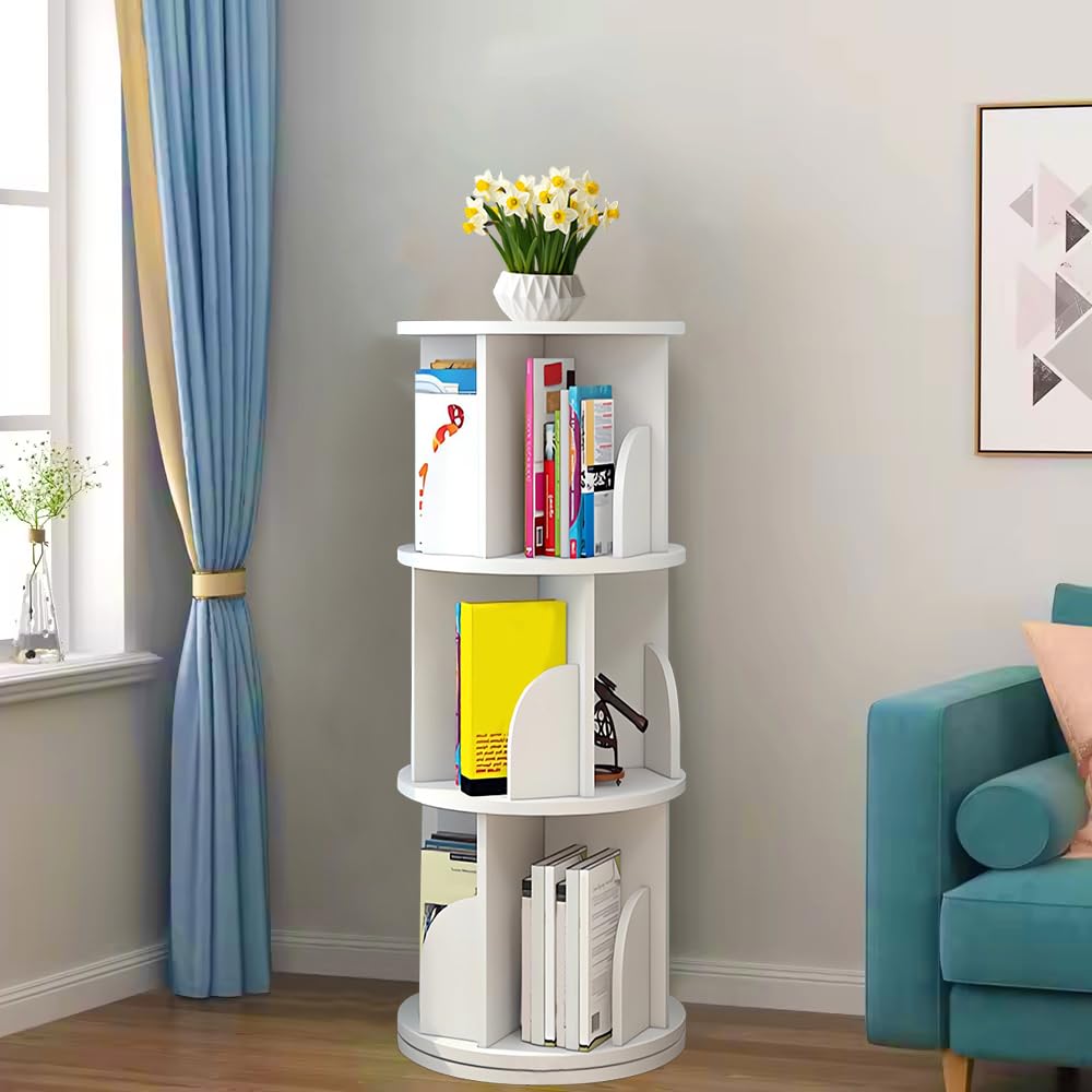 Bibliothèque pour Enfants,Étagère Pivotante à 3 Niveaux pour Livres et Jouets, Étagère à Livres pour Enfants, Étagère de Rangement Autoportante, pour Chambre d'enfants,Ronde (Blanc-40*40*97cm)