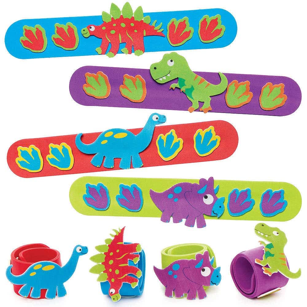 Baker Ross FC814 Dinosaur Snap-on Bracelet Kits - Pack of 4, Boys Party Bag Fillers, Arts and Crafts for Kids, Kids Party Favours