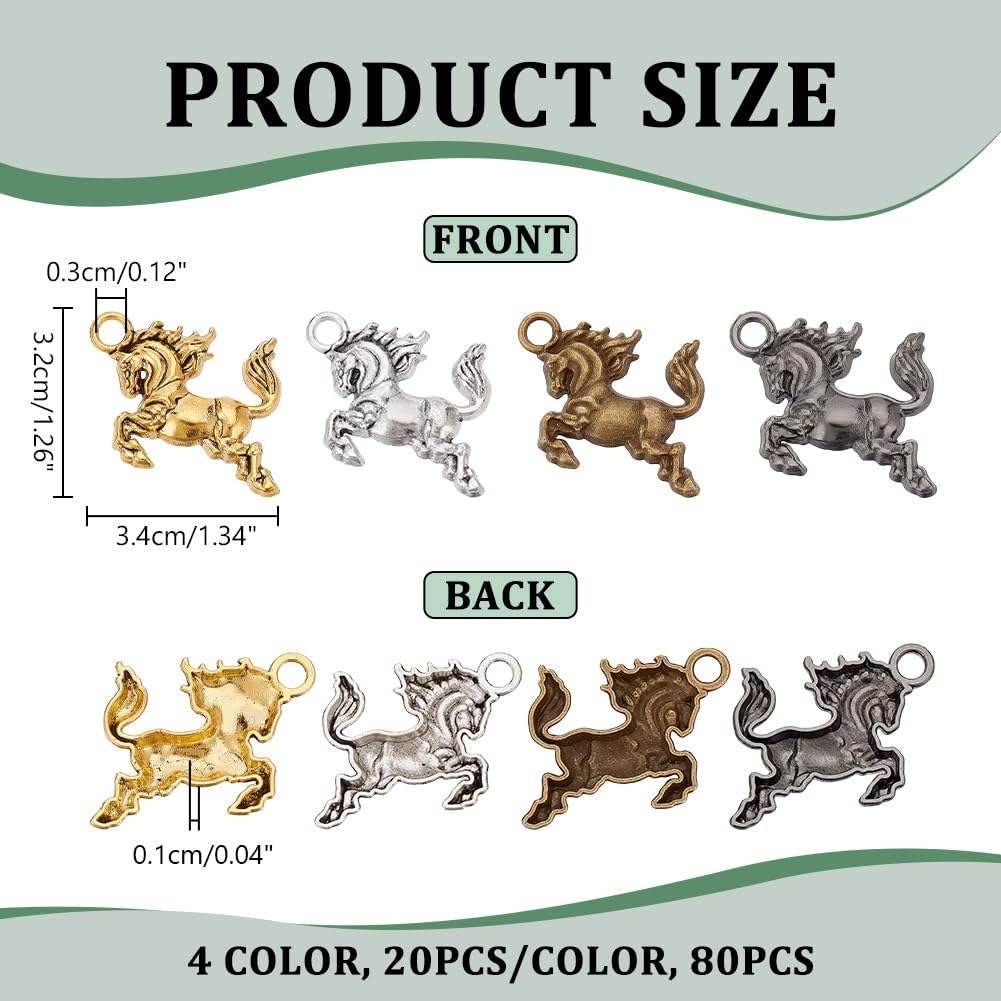 PH PandaHall 4 Colors Horse Charms 80PCS Tibetan Style Pendants Equestrian Horsemanship Charm Running Horse Animal Charms for Men Father's Day Gift DIY Crafts Bracelet Necklace Jewellery Making - Image 2