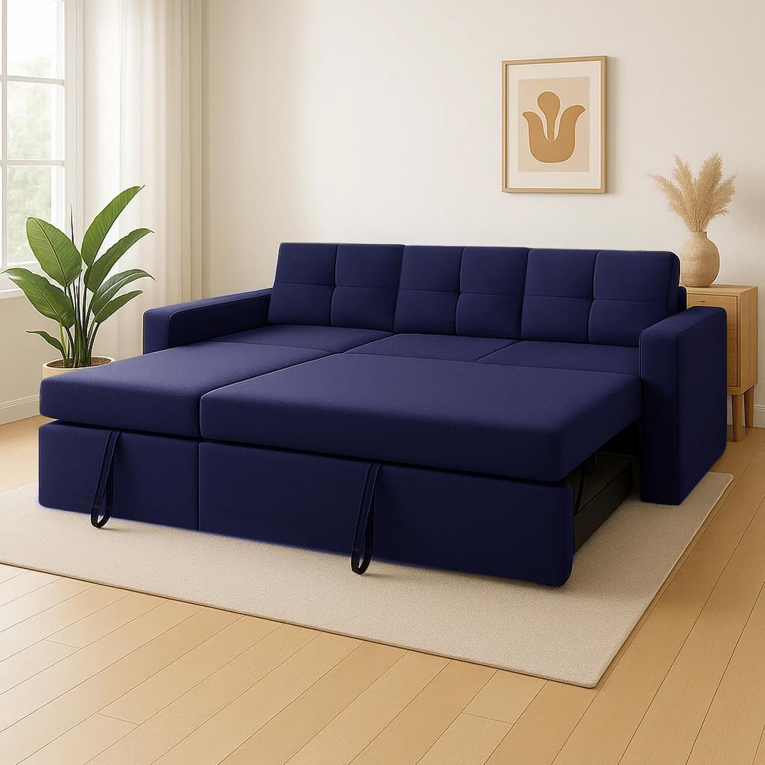 CASASTYLE Seria 4 Seater Fabric LHS L Shape Sofa Set - Pull-Out Premium L Shape Fabric Sofa Cum Bed Set for Living Room (Blue)-picture-30