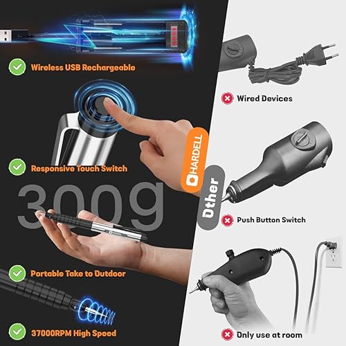 Miniatura 5 de HARDELL Bolígrafo de grabado, herramienta de grabado inalámbrica con 37000 RPM, grabador de metal recargable por USB para artistas y bricolaje, Negro